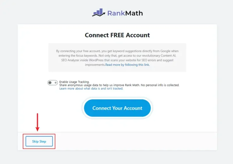 Rank Math 무료 계정 연결 화면과 왼쪽 아래 Skip Step 버튼