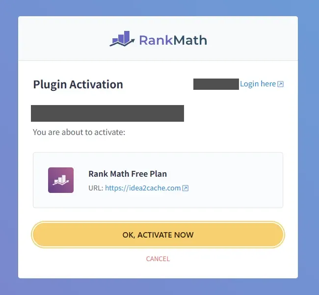 Rank Math 플러그인 활성화 확인 창 — Free Plan, 사이트 주소 확인
