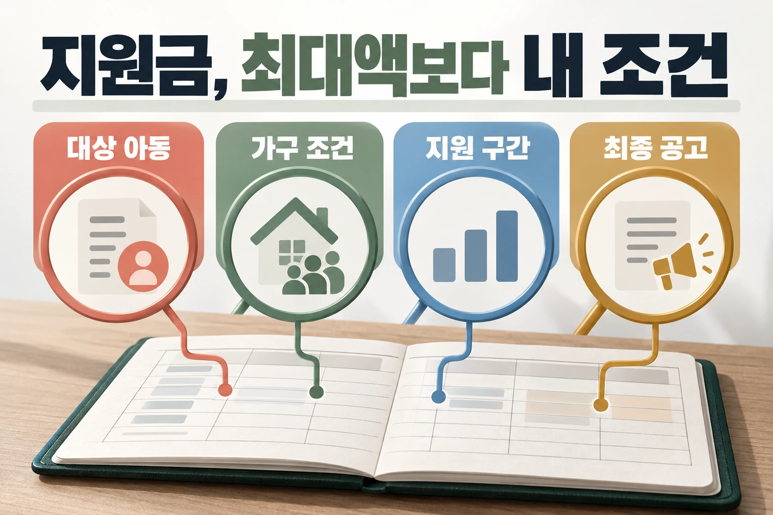 지원금, 최대액보다 내 조건 — 대상 아동 / 가구 조건 / 지원 구간 / 최종 공고