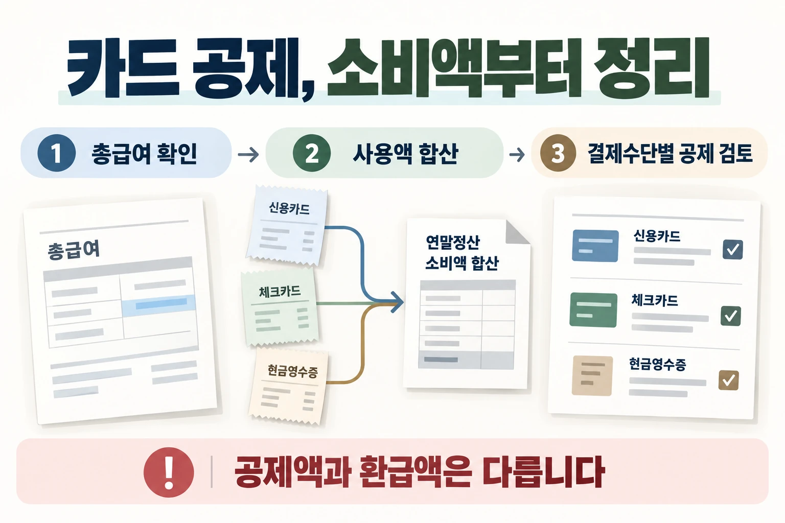 카드 공제, 소비액부터 정리 — 총급여 확인 → 사용액 합산 → 결제수단별 공제 검토