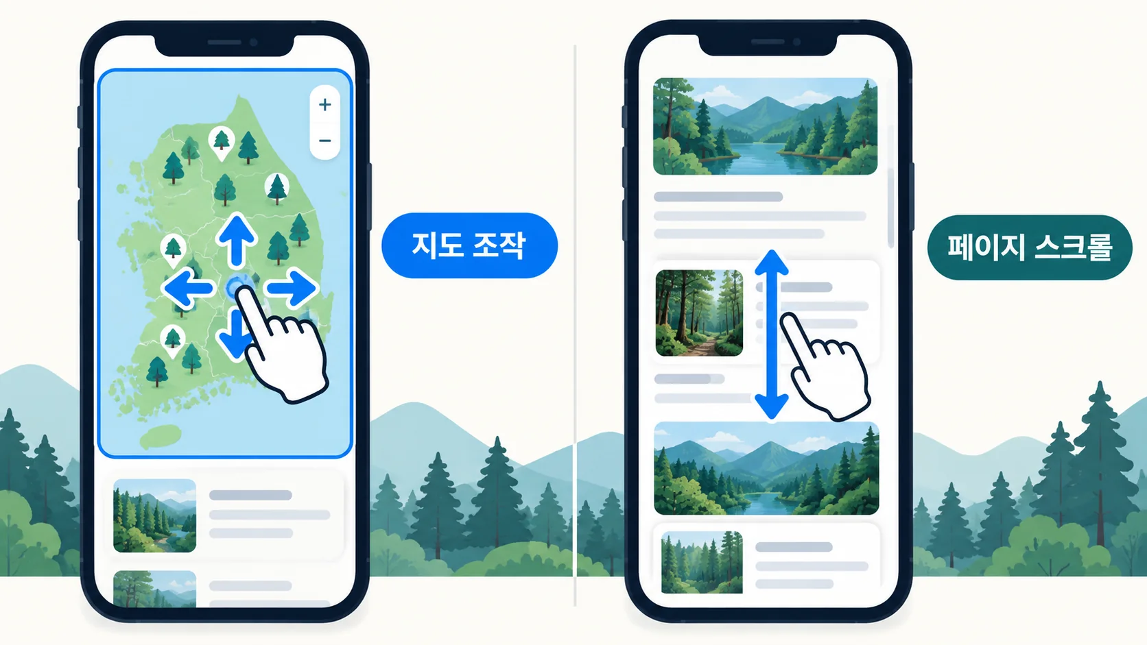 지도 조작 모드와 페이지 스크롤 모드를 나란히 비교한 개념도