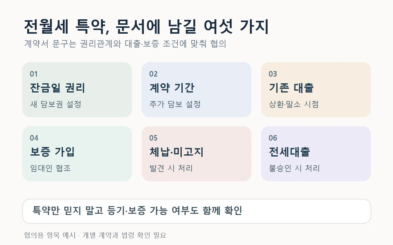 전월세 계약 특약 협의 시 잔금일 권리관계, 계약 기간 담보권, 기존 대출, 보증 가입, 체납, 전세대출을 확인하는 여섯 항목