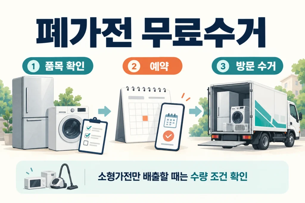 폐가전 품목 확인, 예약, 방문수거의 세 단계를 냉장고와 세탁기로 설명한 그림