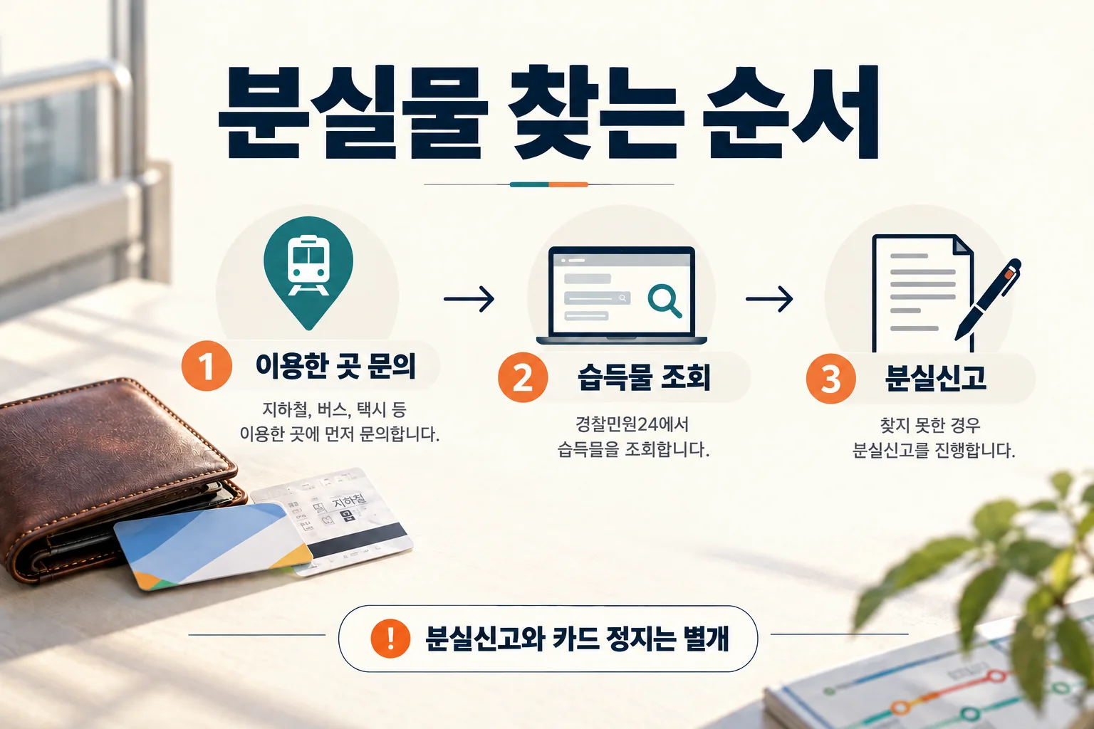 이용한 곳 문의, 습득물 조회, 분실신고 순서와 카드 정지를 구분한 그림