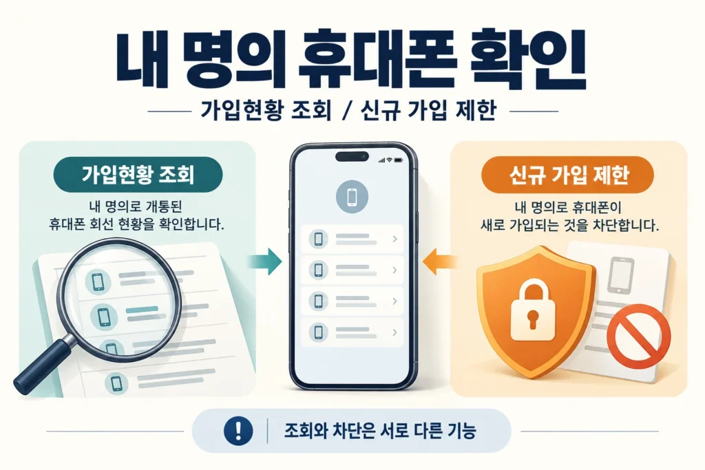 엠세이퍼 가입현황 조회와 신규 가입 제한을 돋보기와 자물쇠로 비교한 그림