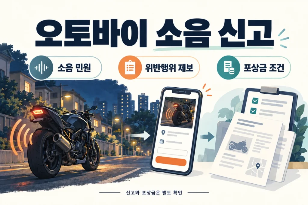 오토바이 소음 민원, 위반행위 제보, 포상금 조건을 구분한 설명 그림