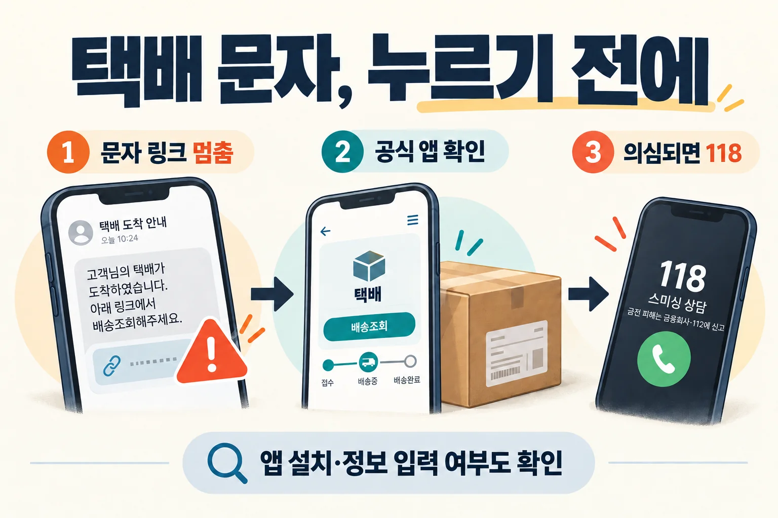 택배 문자 링크를 멈추고 공식 앱 확인 후 118에 상담하는 순서 그림