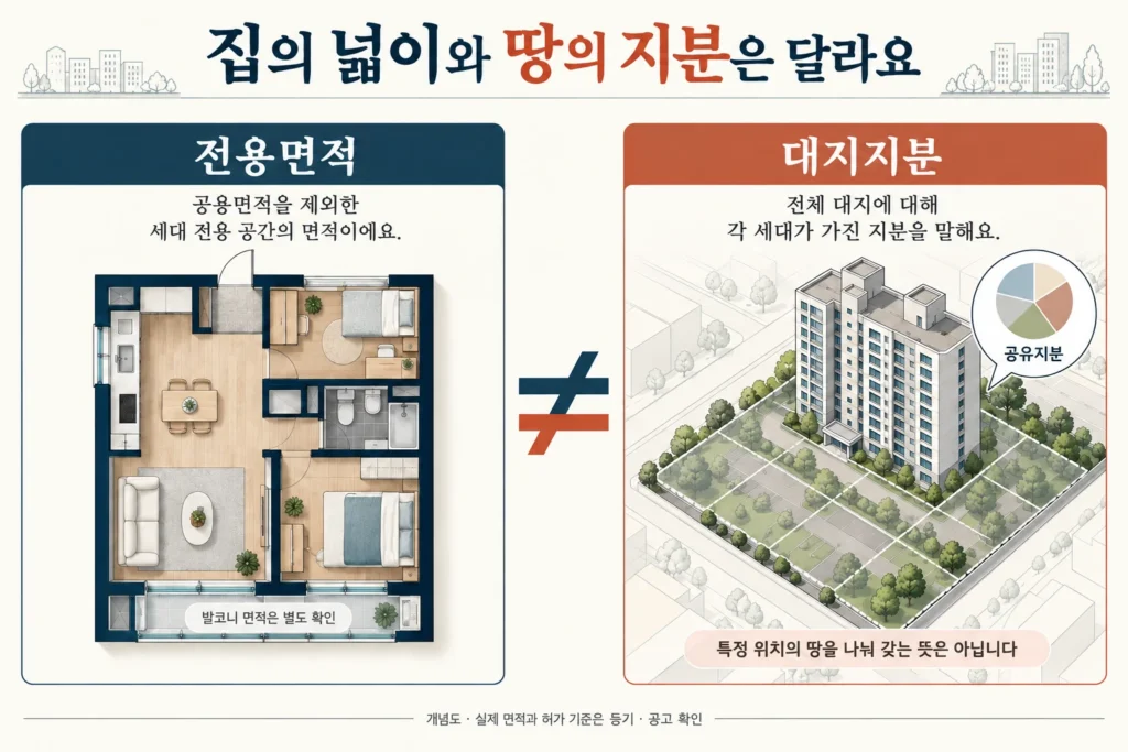 아파트 전용면적과 건물이 서 있는 땅의 대지지분을 구분한 그림
