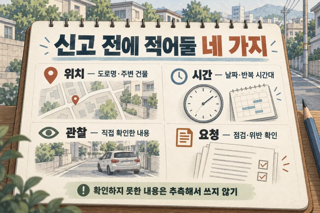 오토바이 소음 신고를 위해 위치, 시간, 관찰 내용, 요청 사항을 기록하는 메모 예시