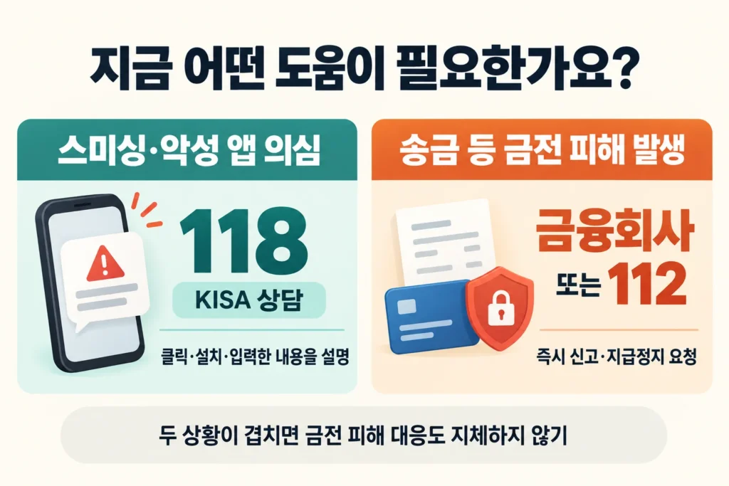 스미싱 의심 상담 118과 금전 피해 신고 금융회사·112를 구분한 안내 그림