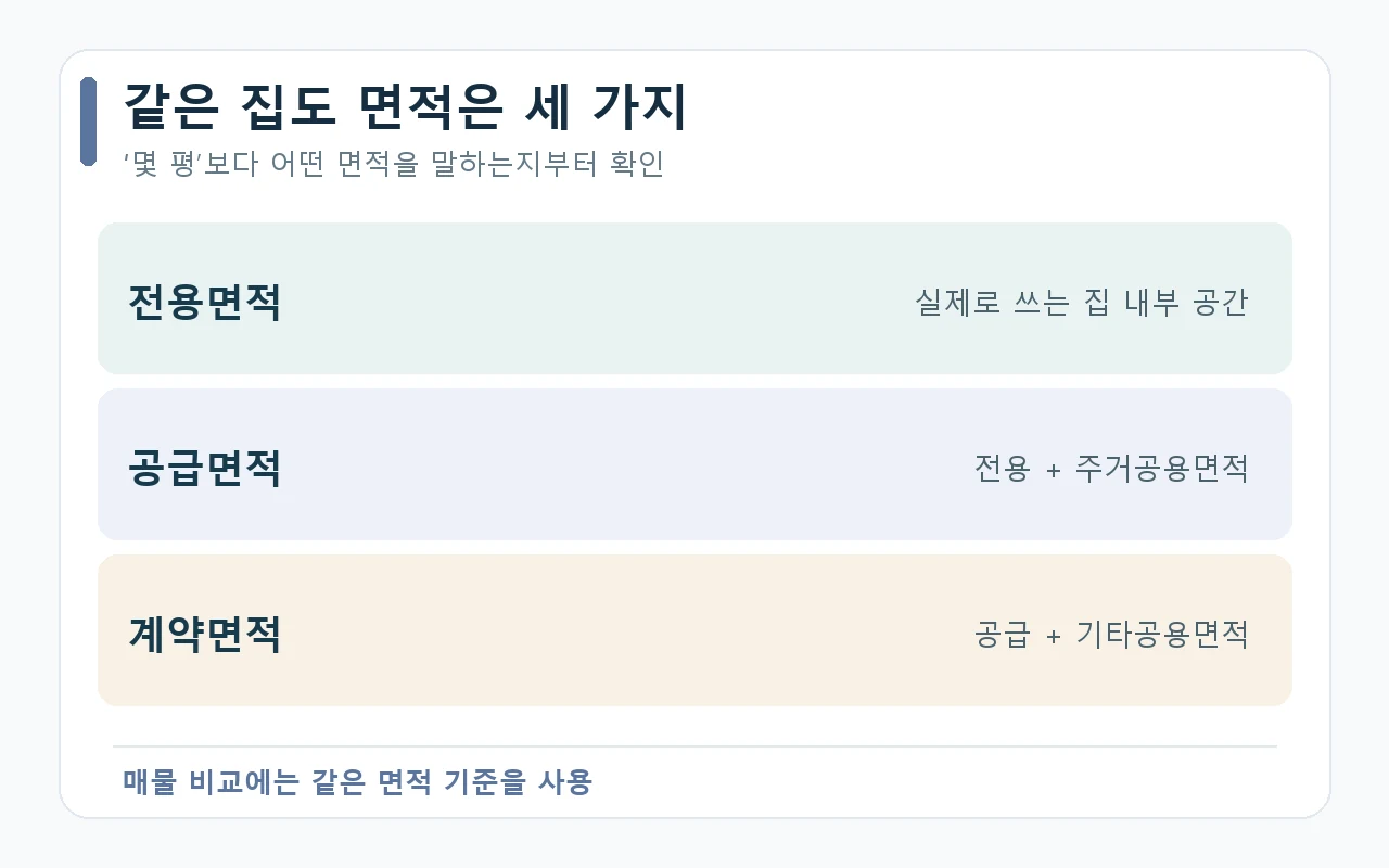 전용면적, 공급면적, 계약면적의 포함 범위를 비교한 도표
